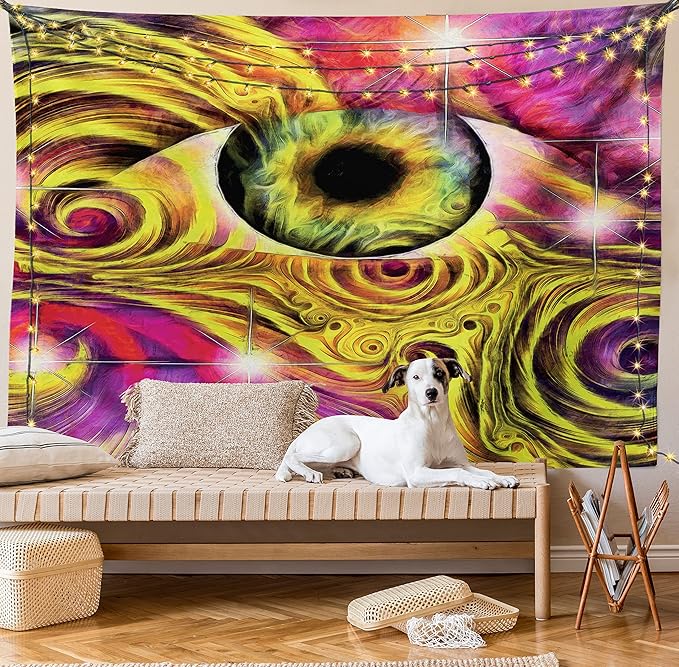 Ambesonne Psychedelic Tapestry, Hippie Hallucinatory Eye in Vivid Colors with Optical Swirl Lines Graphic, Fabric Wall Hanging Decor for Bedroom Living Room Dorm, 28" X 23", Fuchsia Yellow