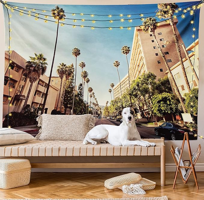 Ambesonne Urban Tapestry Queen Size, Street in Beverly Hills CaliforniPalm Trees Houses Famous City Photo, Wall Hanging Bedspread Bed Cover Wall Decor, 88" X 88", Pale Blue Peach Green