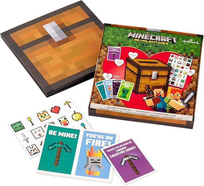 Hallmark Minecraft Valentines Day Cards and Mailbox for Kids School Classroom Exchange (1 Box, 32 Valentine Cards, 35 Stickers, 1 Teacher Card)