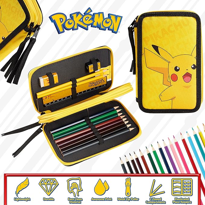 Pokemon Pencil Case for Boys Girls Pikachu Stationery Set with Colored Pencils Sharpener Ruler Eraser Notepad School Supplies Anime Gifts for Kids (Yellow)