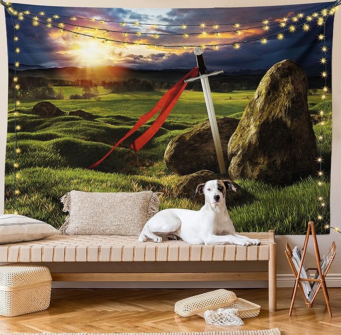 Ambesonne King Tapestry King Size, Arthur Camelot Myth in England Ireland Fields Invincible Myth Image, Wall Hanging Bedspread Bed Cover Wall Decor, 104" X 88", Green Blue Red