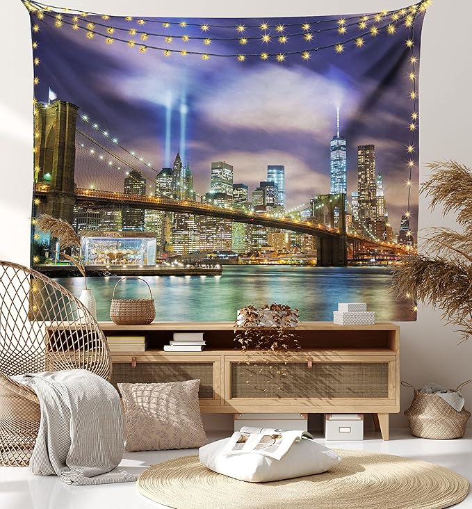 Ambesonne Landscape Tapestry, Manhattan Skyline with Brooklyn Bridge and Towers in NYC United States America, Fabric Wall Hanging Decor for Bedroom Living Room Dorm, 28" X 23", Purple Green