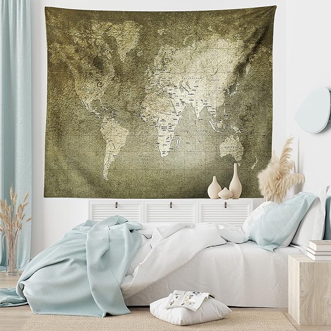 Ambesonne Antique Tapestry King Size, Old World Map Texture Nostalgic Plan Atlas Trace of Life, Wall Hanging Bedspread Bed Cover Wall Decor, 104" X 88", Khaki Beige
