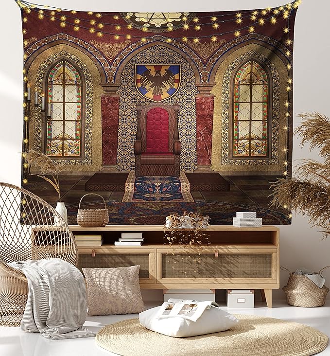 Ambesonne Gothic Tapestry, Red Medieval in Chapel Eagle Portrait on Wall Fantasy Building Print, Wide Wall Hanging for Bedroom Living Room Dorm, 60" X 40", Brown Ruby