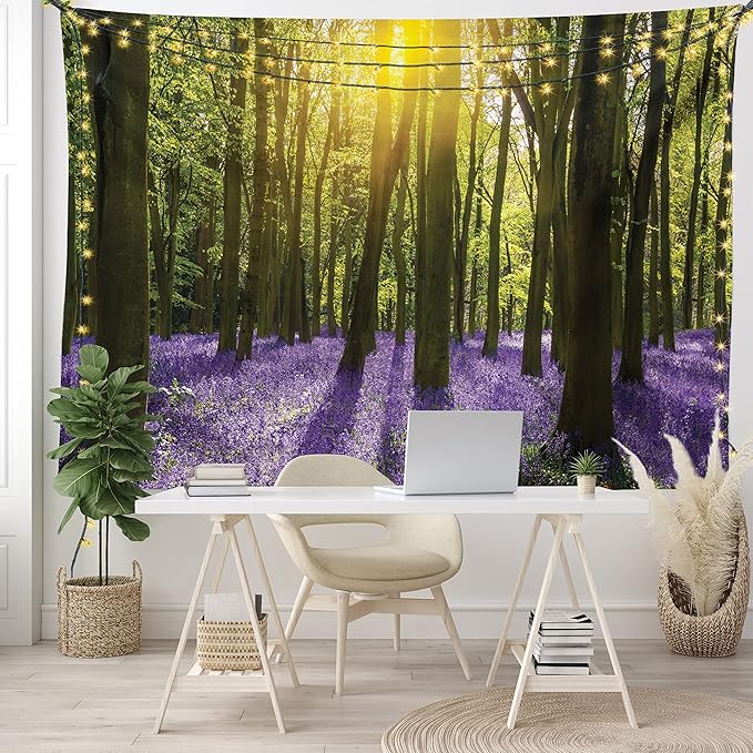Ambesonne Woodland Tapestry King Size, Sunbeams in the Forest of Bluebells Blooms Deep in Woodland Oxfordshire, Wall Hanging Bedspread Bed Cover Wall Decor, 104" X 88", Violet Green Yellow