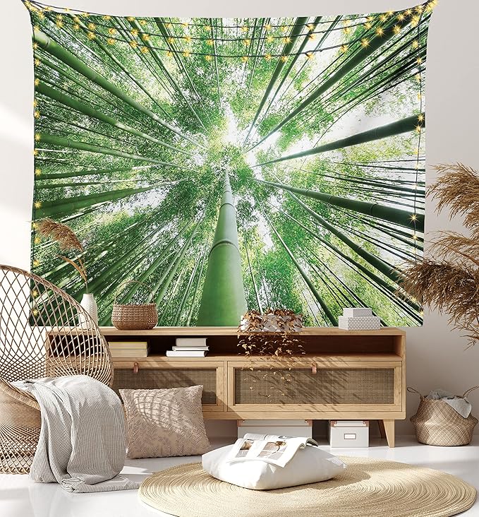 Ambesonne Forest Tapestry King Size, Tropical Rain Forest Tall Trees in Exotic Style Nature Theme Image Sky from Woodland, Wall Hanging Bedspread Bed Cover Wall Decor, 30" X 45", Green