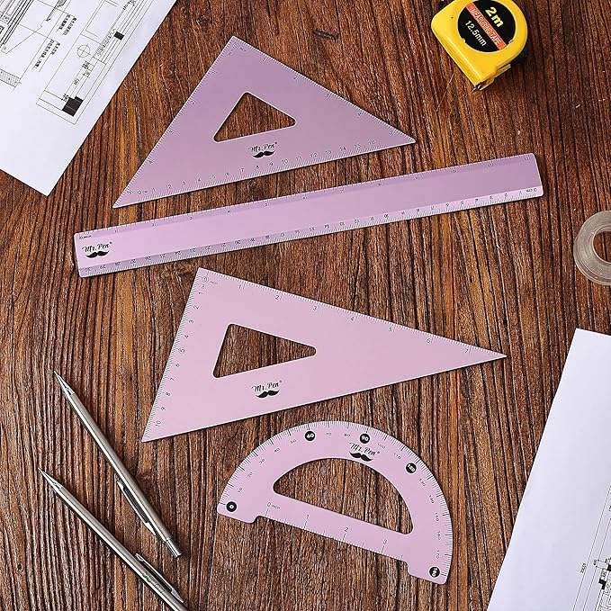 Mr. Pen- Geometry Set, 4 Pack, Blue Magenta Color, Metal Geometry Kit, Triangle Ruler, Metal Ruler, Drafting Triangles, Metal Protractor, Metal Set Square, Drafting Ruler, Drafting Set