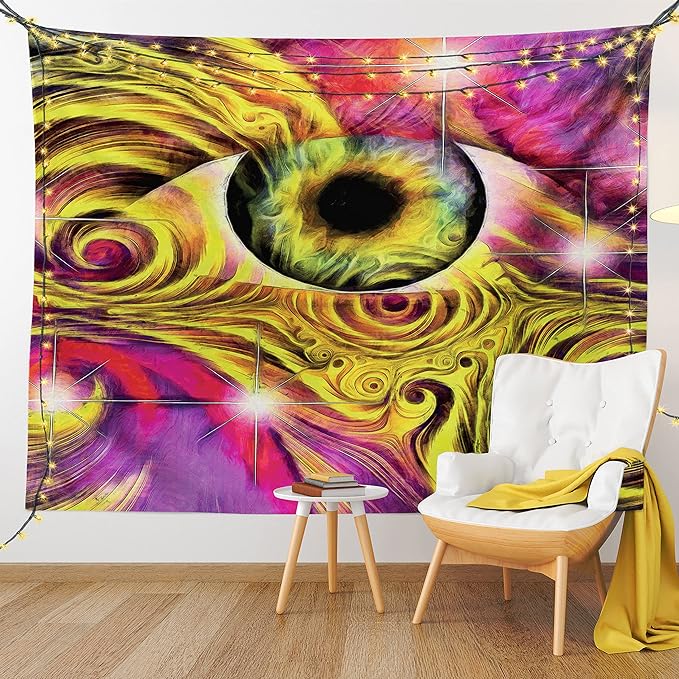 Ambesonne Psychedelic Tapestry, Hippie Hallucinatory Eye in Vivid Colors with Optical Swirl Lines Graphic, Fabric Wall Hanging Decor for Bedroom Living Room Dorm, 28" X 23", Fuchsia Yellow