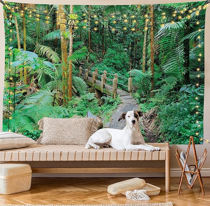 Ambesonne Puerto Rico Tapestry King Size, Tropical Rain Forest in San Juan Exotic Jungle Nature Photography, Wall Hanging Bedspread Bed Cover Wall Decor, 104" X 88", Green Pale Brown Ginger