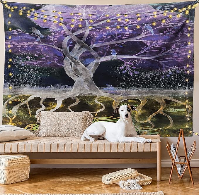 Ambesonne Tree of Life Tapestry, Psychedelic Mysterious Nature at Night Birds and Fishes Home Art, Fabric Wall Hanging Decor for Bedroom Living Room Dorm, 30" X 45", Purple Black