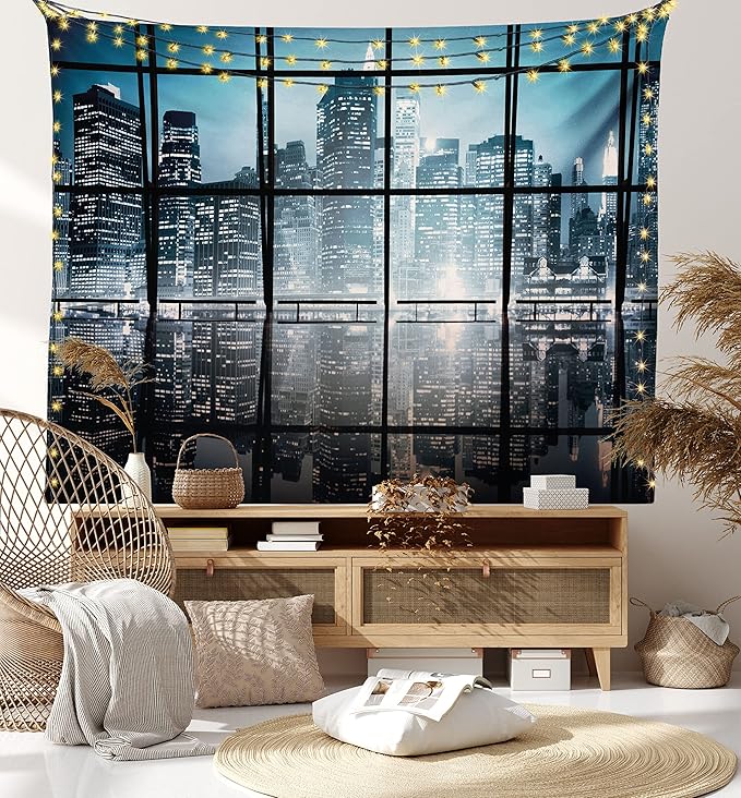 Ambesonne Modern Tapestry, Modern New York City Scenery at Night with Skyscrapers Buildings Print, Fabric Wall Hanging Decor for Bedroom Living Room Dorm, 30" X 45", Black Blue
