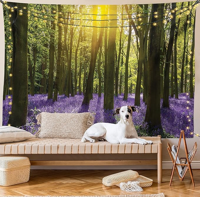 Ambesonne Woodland Tapestry King Size, Sunbeams in the Forest of Bluebells Blooms Deep in Woodland Oxfordshire, Wall Hanging Bedspread Bed Cover Wall Decor, 104" X 88", Violet Green Yellow