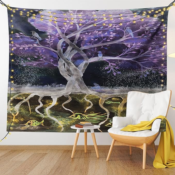 Ambesonne Tree of Life Tapestry King Size, Psychedelic Mysterious Nature at Night Birds and Fishes Home Art, Wall Hanging Bedspread Bed Cover Wall Decor, 104" X 88", Purple Black