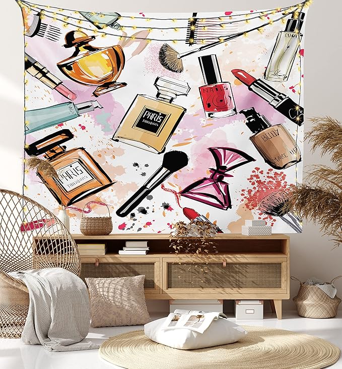 Ambesonne Fashion Tapestry, Cosmetic and Makeup Theme Pattern Perfume Lipstick Nail Polish Brush Modern, Wide Wall Hanging for Bedroom Living Room Dorm, 80" X 60", Coral White
