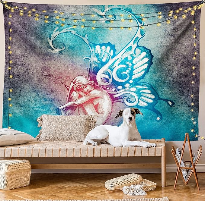 Ambesonne Butterfly Tapestry Twin Size, with Butterfly Wings Renewal Female Rebirth Psyche Lightness of Being, Wall Hanging Bedspread Bed Cover Wall Decor, 68" X 88", Blue Purple