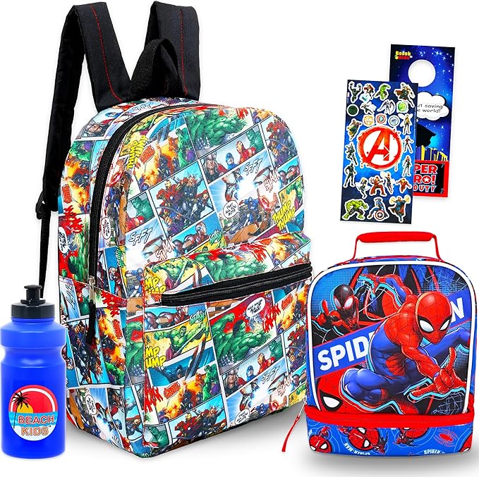 Marvel Avengers Backpack with Lunch Bag Set - Bundle of 16” School Bag, Spiderman Lunch Box, Water Bottle, Stickers, More | Avengers School Supplies for Kids