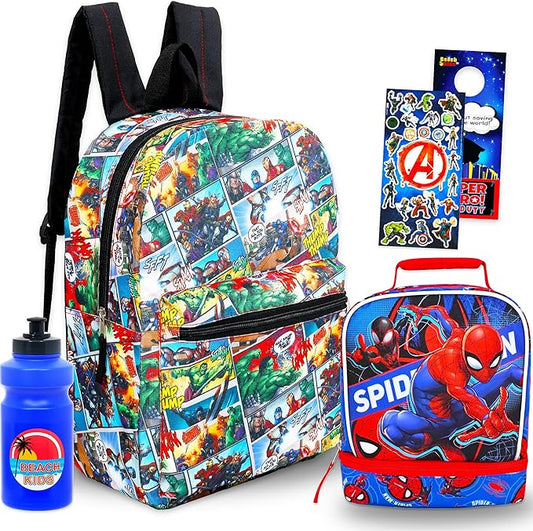 Marvel Avengers Backpack with Lunch Bag Set - Bundle of 16” School Bag, Spiderman Lunch Box, Water Bottle, Stickers, More | Avengers School Supplies for Kids