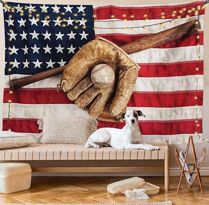 Ambesonne Baseball Tapestry, Vintage Baseball League Equipment Usa Grunge Glove Bat Fielding Sports Theme, Fabric Wall Hanging Decor for Bedroom Living Room Dorm, 45" X 30", Red Brown