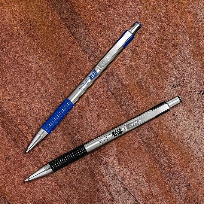 Zebra Pen F-301 Ballpoint Blue Ink Fine Point 0.7mm Pen, Easy-Glide Ink, Stainless Steel Retractable, Non-Slip Grip, Professional Design, Ideal for Office, Journal and Planner Use, 2-Pack (27122)